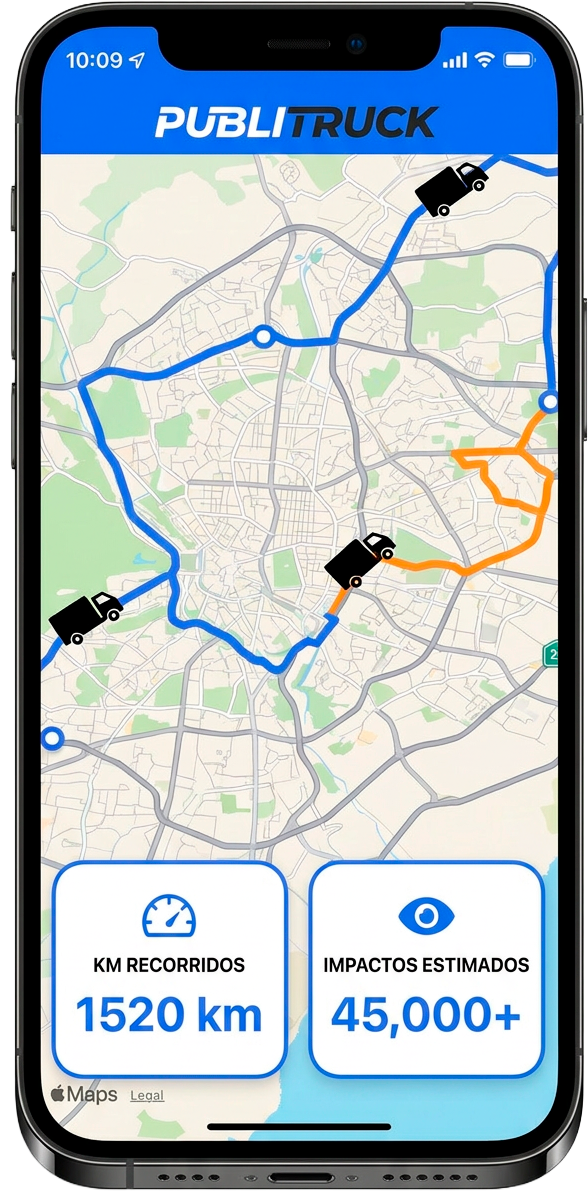 App Publitruck mostrando recorridos e impactos en tiempo real