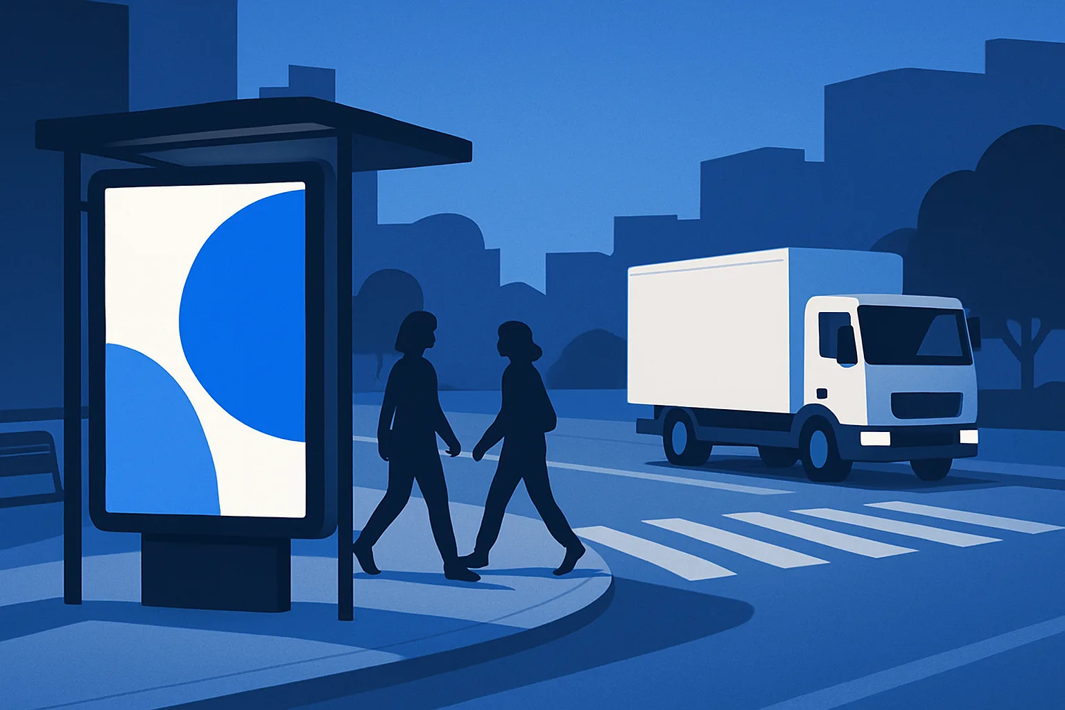 Mupi publicitario retroiluminado en una calle de ciudad junto a una parada de autobús al atardecer